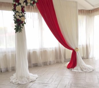 White n maroon curtain with flower