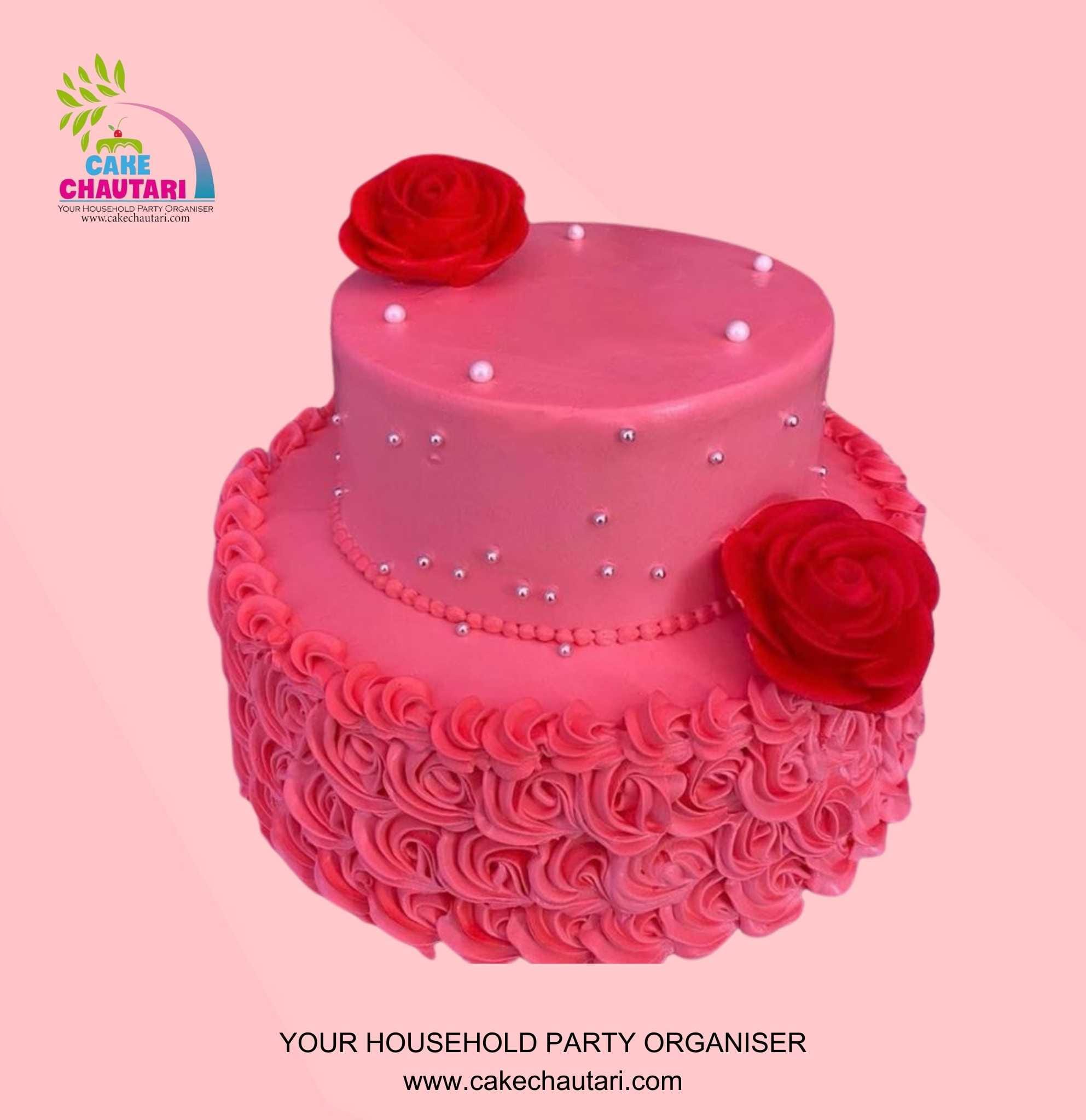 2-Tier Red Cake with Roses and Floral Design